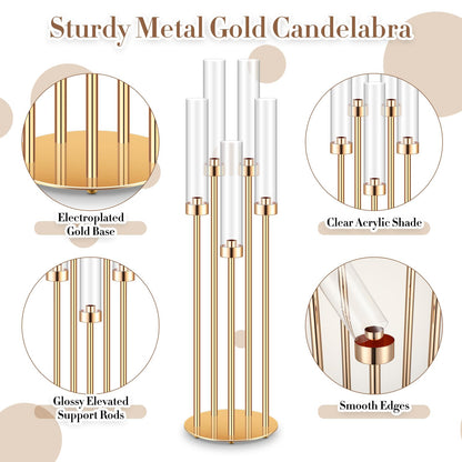 Tandefio 8 Pcs Acrylic Candelabra Centerpieces 35" Tall Clear Candle Holders Pillar Taper Candlestick with Lampshades 5 Arm Floor Candelabra Stand for Wedding Christmas Ceremony Dinner Party