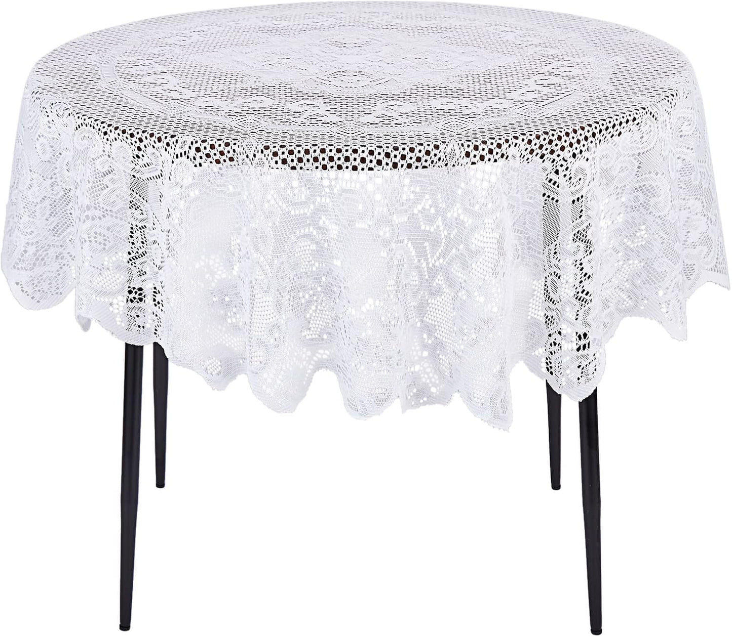 Juvale Round White Lace Tablecloth - Polyester Table Cover for Wedding Reception, Vintage Round Cover with Scalloped