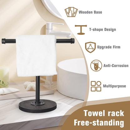 Hand Towel Stand with Wood Base, Industrial Pipe Heavy Duty Countertop Towel Holder for Bathroom and Kitchen