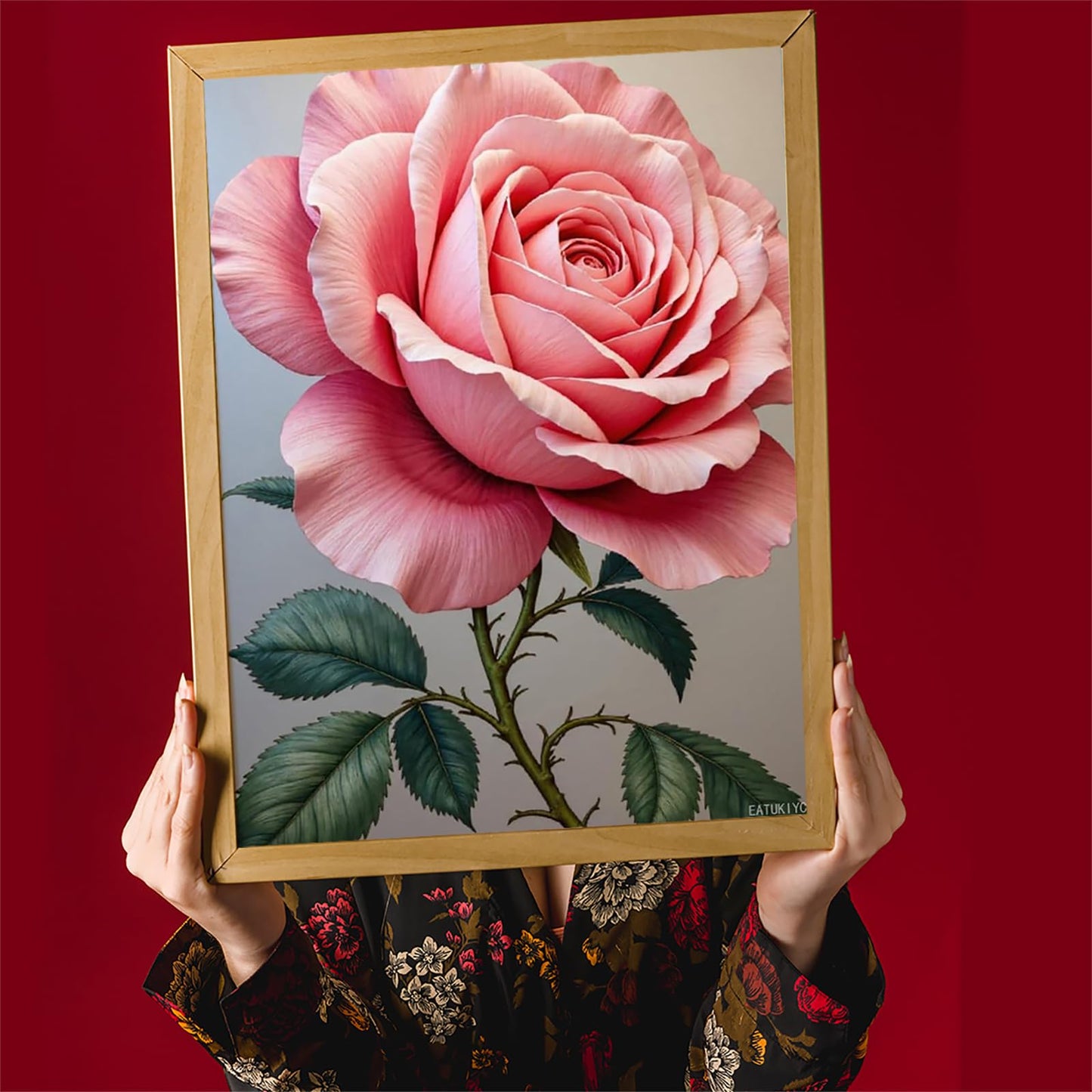 EATUKYIC Pink Rose Bloom Green Leaves Diamond Art Kits for Adults DIY 5D Full Drill Diamond Painting for Home Wall Decor, Frameless Diamond Painting Kits for Adults Beginner 12x16 inch
