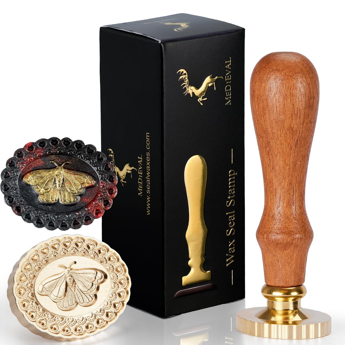 3D Embossed Moth Wax Seal Stamp - Wooden Handle with Brass Metal Head, Defor for Envelope/Bag/Gift Packing, Making Product Tag Arts Crafts DIY