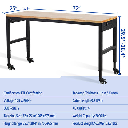 ExploreHorizon Workbench Adjustable 75' x 25', 29.5"-38.4" Heights Garage Worktable with Universal Wheels Power Outlet, Heavy-Duty Table for Workshop Office Home Commercial, 2000 Lbs Load Capacity