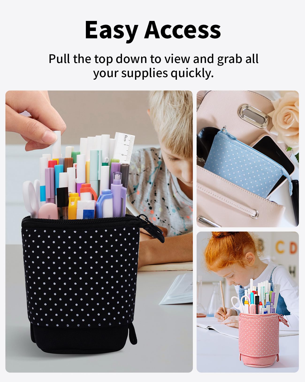 Sooez Standing Pencil Case, Cute Stand up Pencil Pouch, Telescopic Pen Pouch, Portable Pencil Holder, Kawaii Stand up Pencil Case, Spacious Pencil Pouch Bag for School Office Supplies, Black