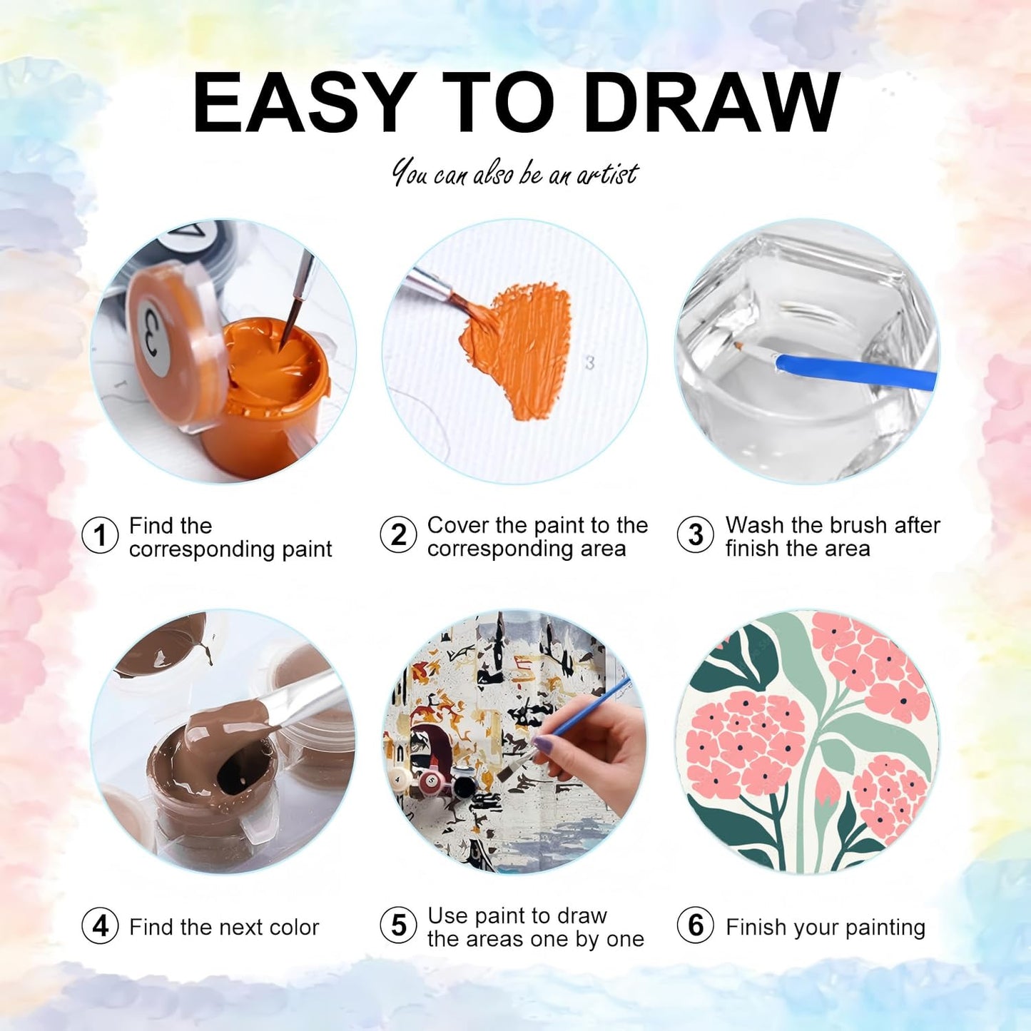 6 Pack Paint by Numbers Kit for Adults and Kids Beginner, Flower Adult Paint by Number Kits on Canvas, Easy Flowers DIY Acrylic Oil Painting by Numbers Kits Perfect for Home Wall Decor 8 x 12 Inch