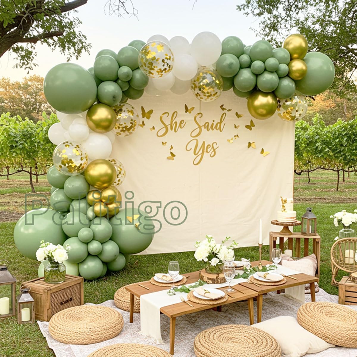 Green Balloon Garland Kit with 112pcs Sage and Olive Balloons, Gold Butterfly for Weddings and Birthdays