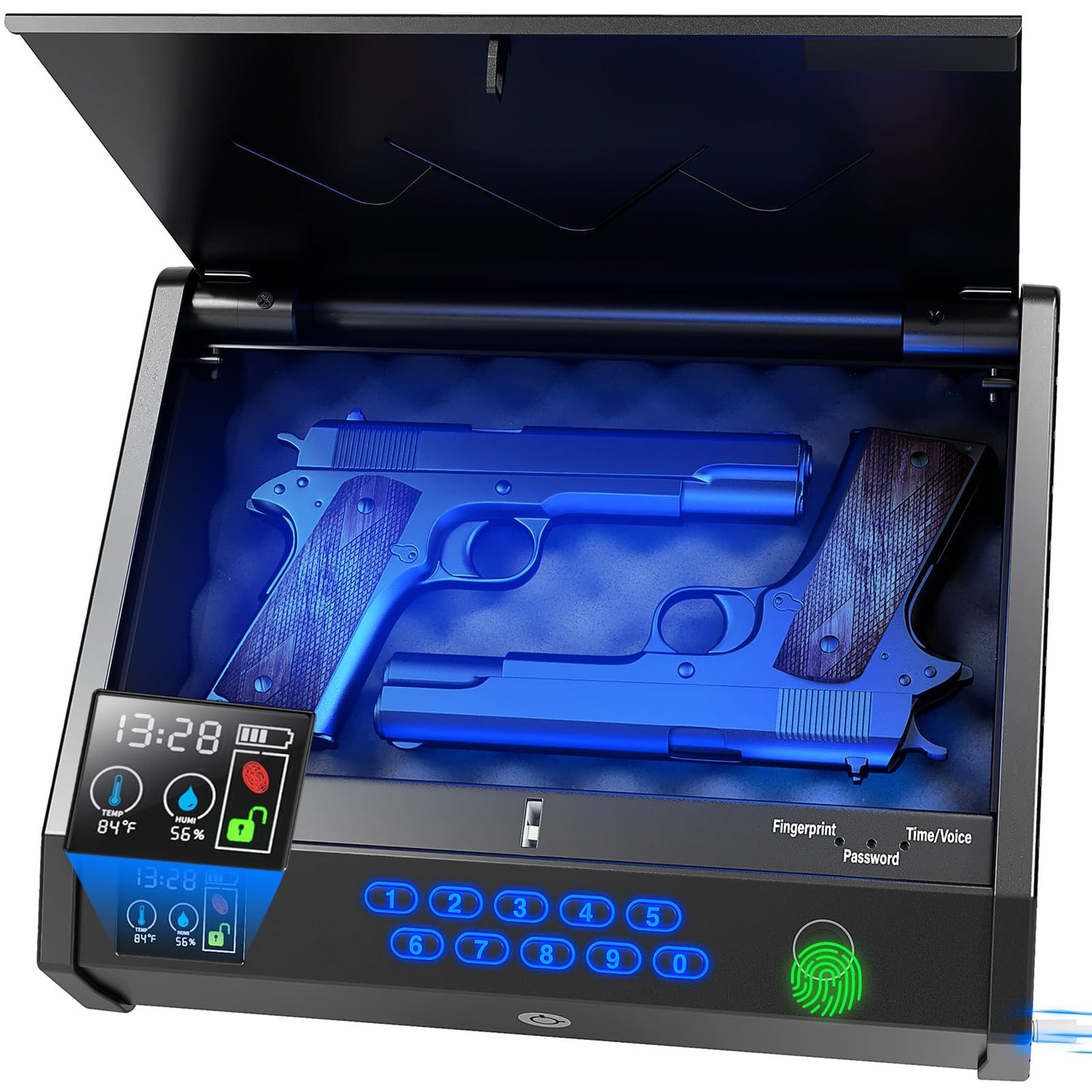 movgul Gun Safes, Biometric Pistol Safe with LCD Display of Temperature Humidity USB Port, Gun Safes 3 Ways Quick Access Fingerprint Handgun Safe for Nightstand Car