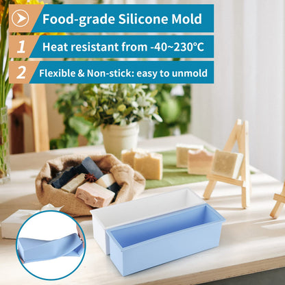 Sanbege 2 Pcs Loaf Soap Mold with Plastic Box, Flexible Silicone Rectangular Mold 42oz, Swirl Making Tool for DIY Soap, Handmade Candles, Resin Casting, Homemade Desserts (Blue)