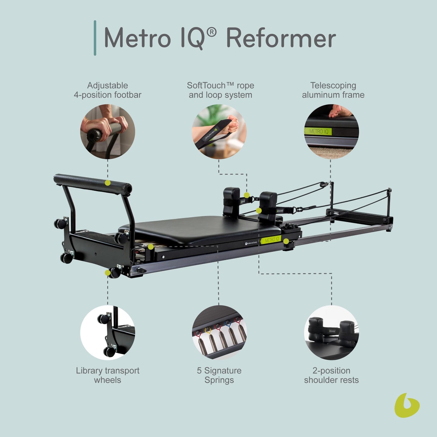 Balanced Body Metro IQ Pilates Reformer with Library Wheels, Pilates Exercise Equipment, Workout Equipment for Home or Studio, Black Upholstery, 96" L x 23" W x 6" H