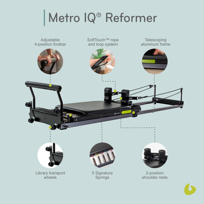 Balanced Body Metro IQ Pilates Reformer with Library Wheels, Pilates Exercise Equipment, Workout Equipment for Home or Studio, Black Upholstery, 96" L x 23" W x 6" H