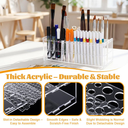 Novabright 2 Pack 105 Holes Acrylic Paint Brush Holder Organizer, Clear Pen Display Stand Rack Detachable Makeup Brush Holder for Pencils Artist Desk, Easy Assembly Art Supplies Storage