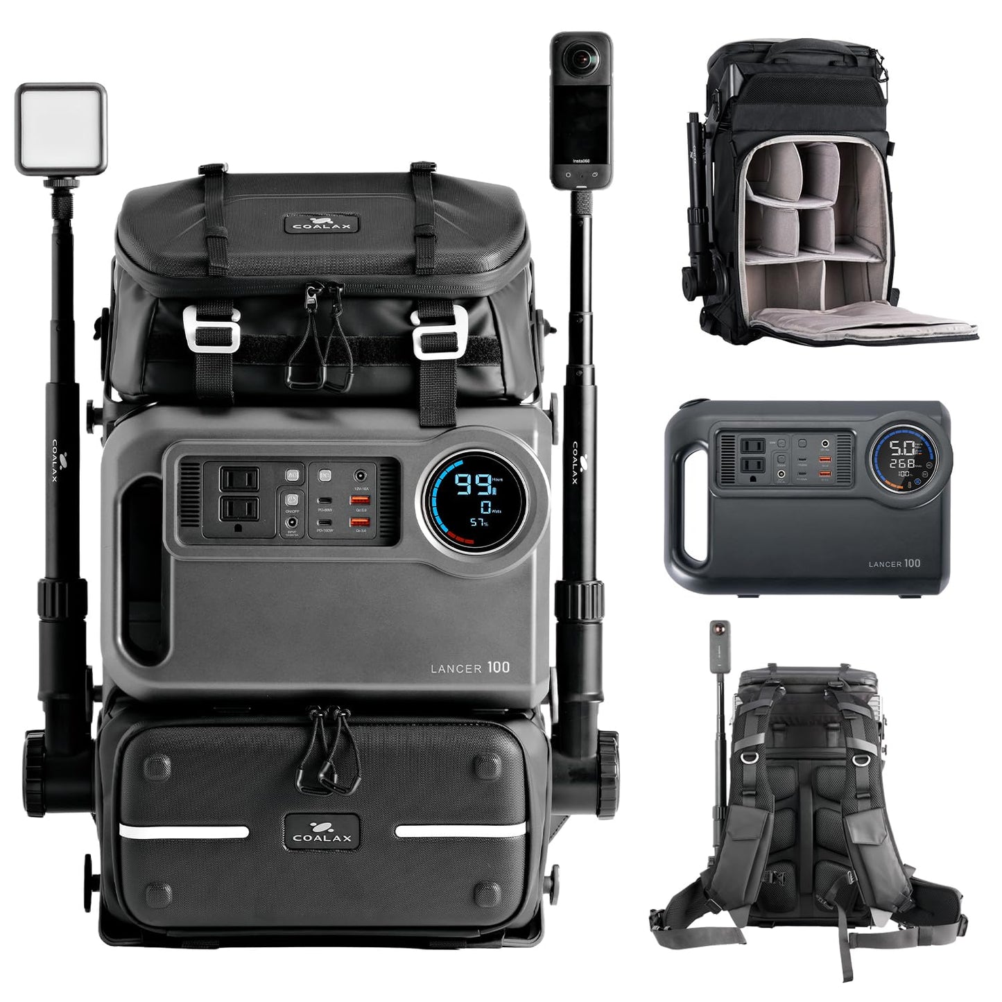 COALAX LANCER 100 Travel Camera Backpack with 96Wh Portable Power Station, Modular Hard Shell Photography Bag with Magic Arm, IPX5 Waterproof Drone Backpack Fits 16" Laptop (Black)