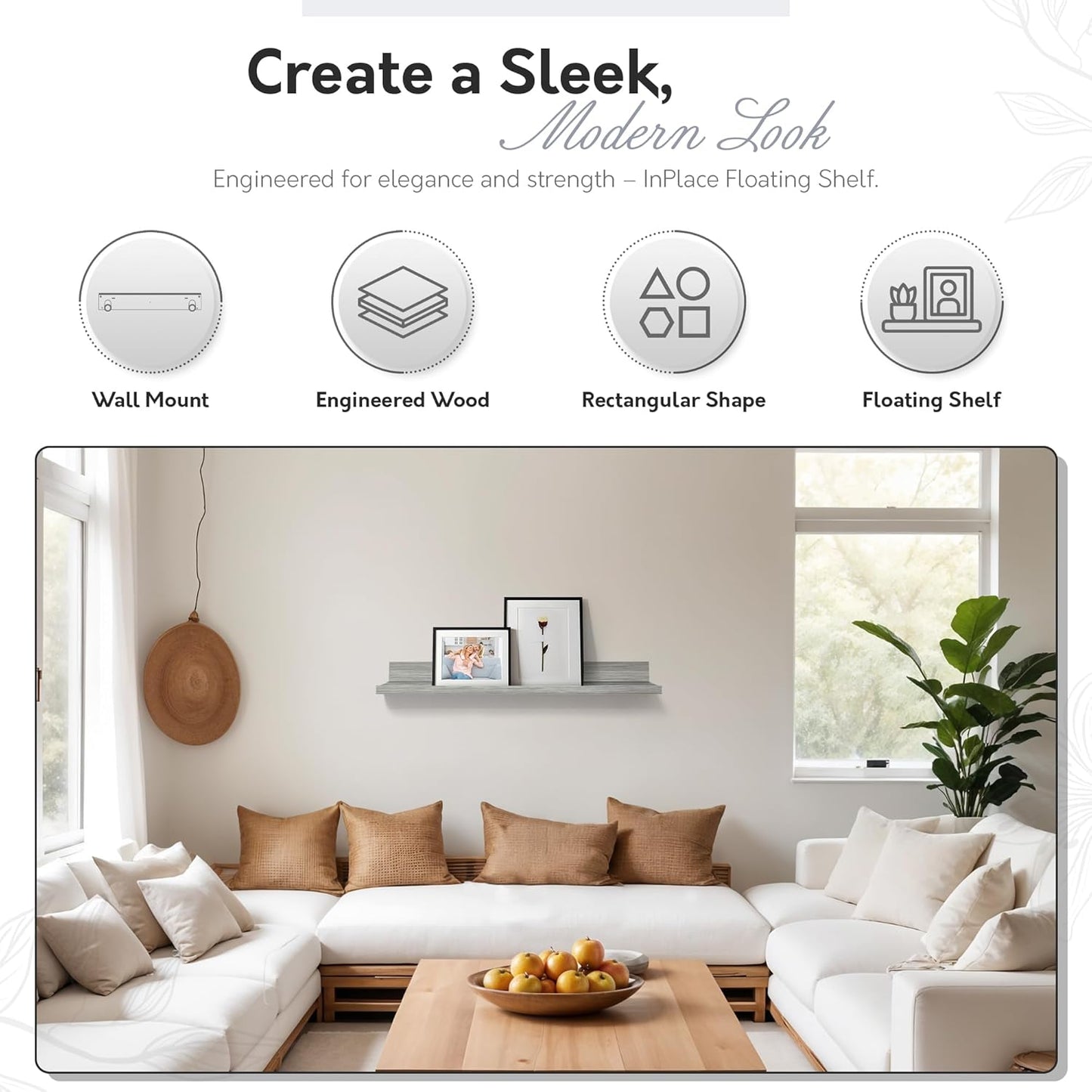 InPlace Shelving, Floating Picture Shelf with Ledge, 10.2" D x 35.4" W x 2" H, Gray Driftwood, 9602032E