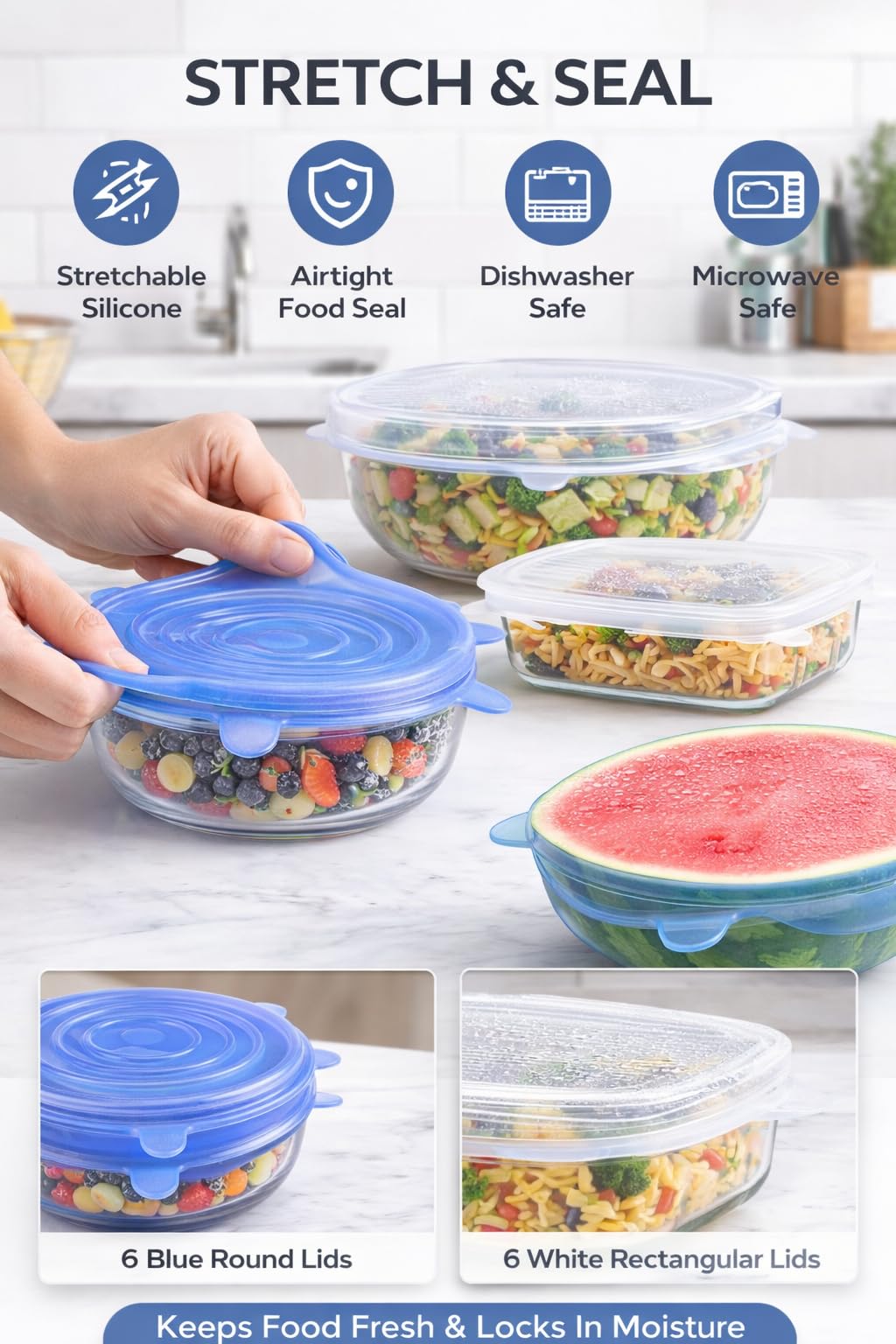 IZEM Premium Reusable Silicone Stretch Lids Set – 12 Pack (6 Round Blue + 6 Rectangle White) BPA-Free, Airtight & Leakproof Bowl Covers + 500ml Silicone Bag, Funnel & Brush