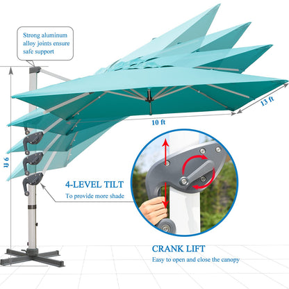 LKINBO 10x13 FT Rectangle Cantilever Umbrella with Cross Base, Heavy Duty Large Patio Umbrella 360 Degree Rotation Outdoor Offset Umbrella with Easy Tilt & Crank for Pool Deck Backyard, Turquoise
