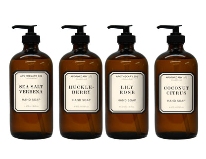 Apothecary 101 Glass Hand Soap Set, Sea Salt Verbena, Huckleberry, Lily Rose, Coconut Citrus, 16 Fl Oz Bottles, Home and Body Company