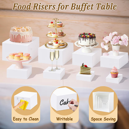 8Pcs Buffet Risers, Large Food Risers for Buffet Table, Acrylic Cube Boxes Display Nesting Risers with Hollow Bottoms, Dessert Cake Display Stand Riser Set for Party Jewelry Collectibles White (3",4",5",6",7",8",9",10")
