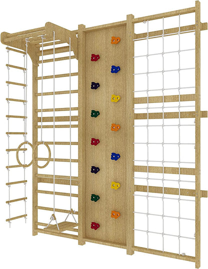 Avenlur Walnut 9-in-1 Swedish Ladder Wall Gym Set - 78.8 Inches - Trapeze Swing, Rope Ladder, Rock Wall, Rope Wall, Rock Ramp Climber, Slide, Pull-up Bar, Ladder and Swing