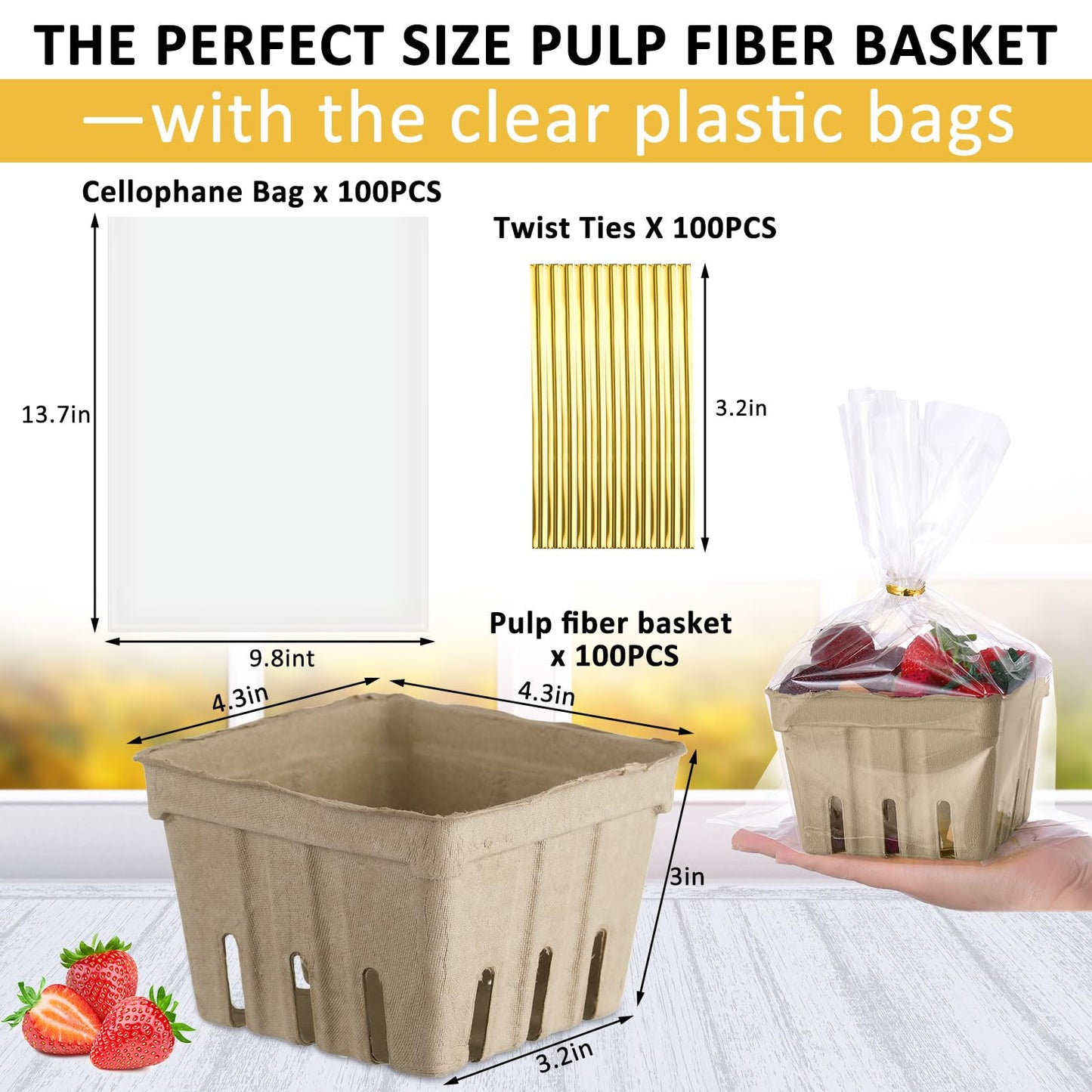 Amyhill 100 Pack Pulp Fiber Basket Set Include 100 Strawberry Berry Basket Small Vented, 100 Clear Packaging Bags, 100 Tie Strips for Kitchen Market Fruit Vegetable Produce Storage (Golden)