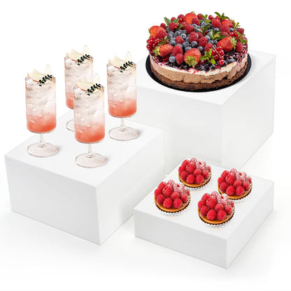 Hacaroa Set of 3 Acrylic Cube Riser Hollow Bottom, 6/7/8 Inch Small Glossy White Buffet Riser Food Display Stand, 5 Sides Cupcake Stand Nesting Display Box for Jewelry, Collectibles, Figures, 3 Sizes