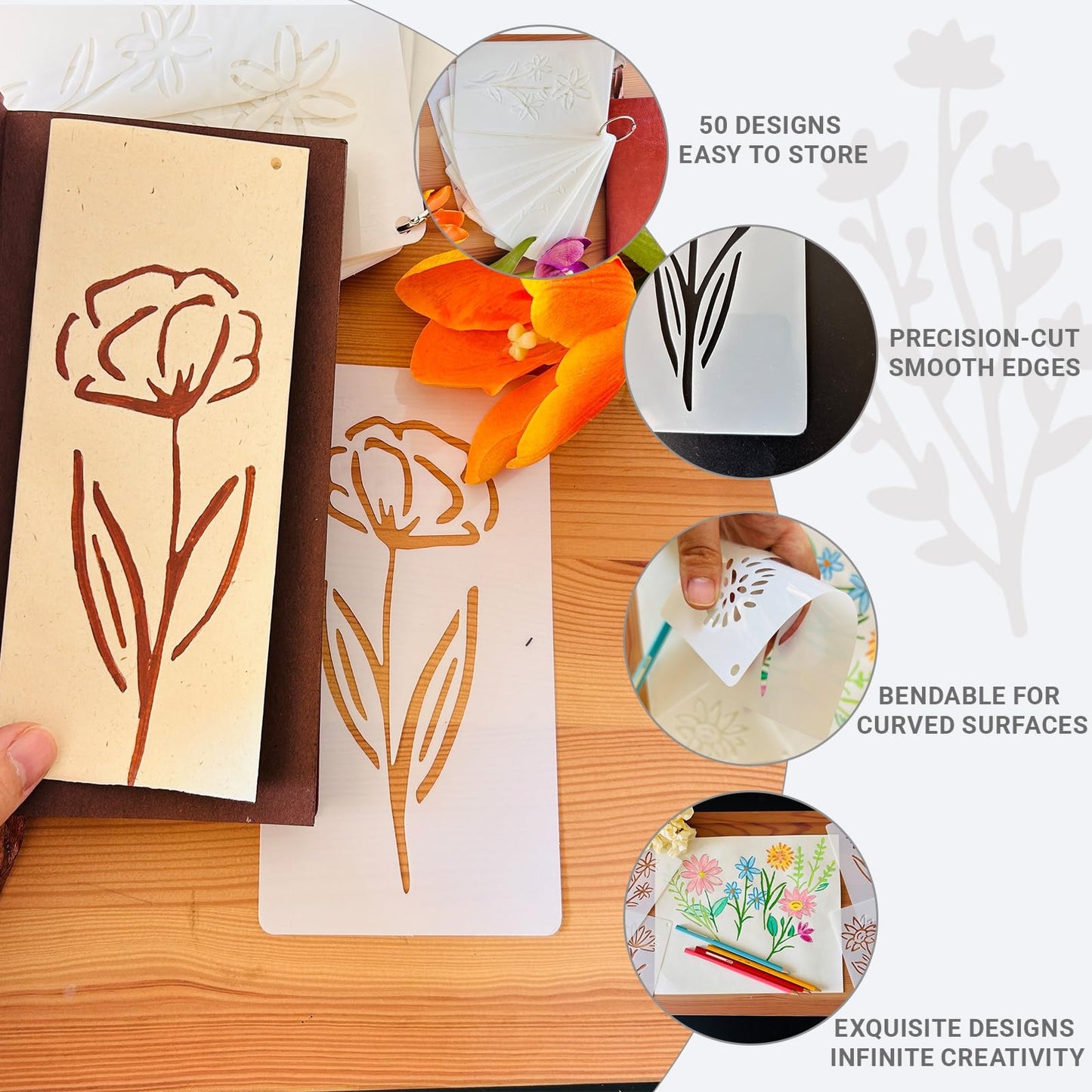 50PCS Flower Stencils for Painting, Small Botanical Stencils for Crafts Reusable, Plastic Drawing Templates for Painting on Wood, Wall, Card, Scrapbooking