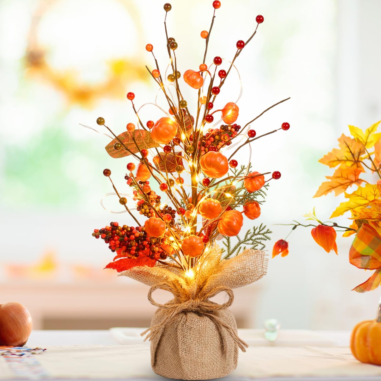 Pinkunn Fall Thanksgiving Centerpieces for Tables Decorations 16 Inch Lighted Fall Tree Tabletop with Artificial Pumpkins Berries Leaves Burlap Base Autumn Decor for Home Indoor Office Desk Party