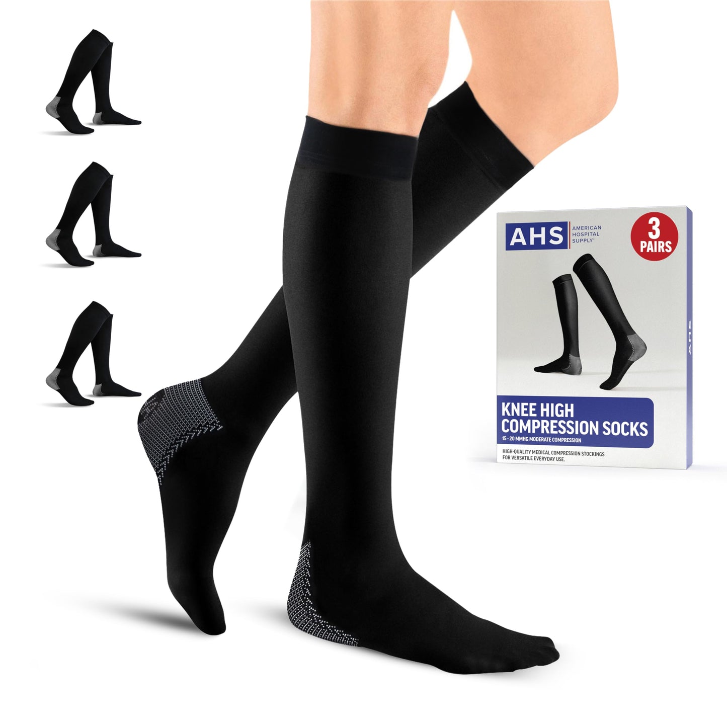 American Hospital Supply – Knee High Compression Socks – 15–20 mmHg, Black, Medium – Lightweight Medical Stockings for Daily Wear – Pack of 3 Pairs