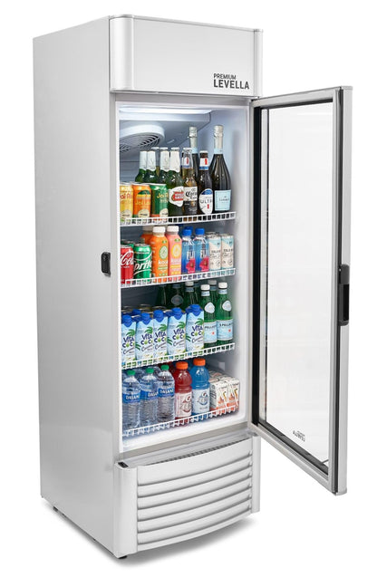 PremiumLevella PRF90DX Glass Door Display Refrigerator 9.0 cu ft Commercial Beverage Cooler Merchandiser With Customizable Lightbox - Silver