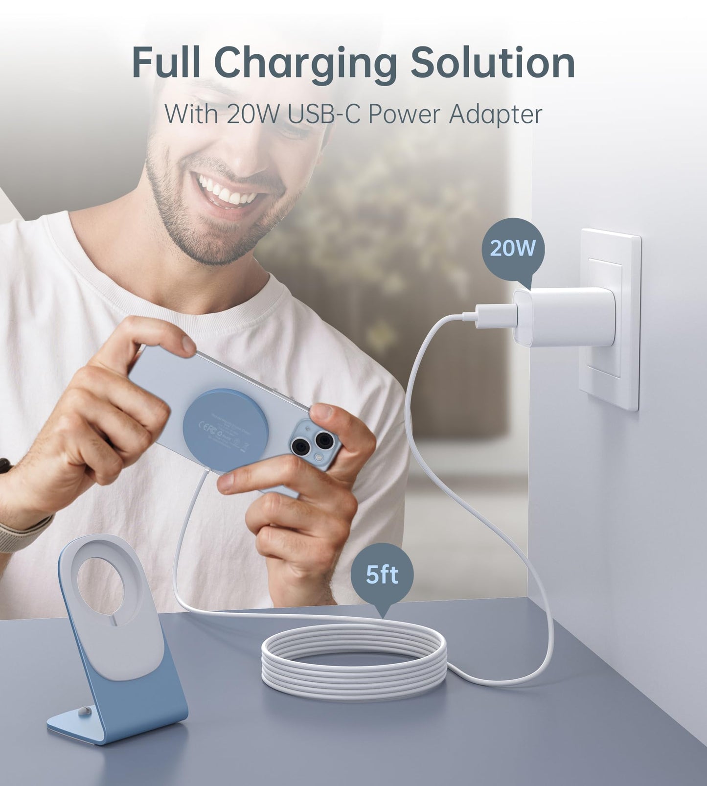 Magnetic Wireless Charger for iPhone 17/16/15/14/13/12 - Mag Charger+20W USB C Adapter, Fast Wireless Charging Stand/Pad with 5ft USB-C Cable for iPhone 17/16/15/14/13/12 Pro Max Plus Mini Air, Airpod