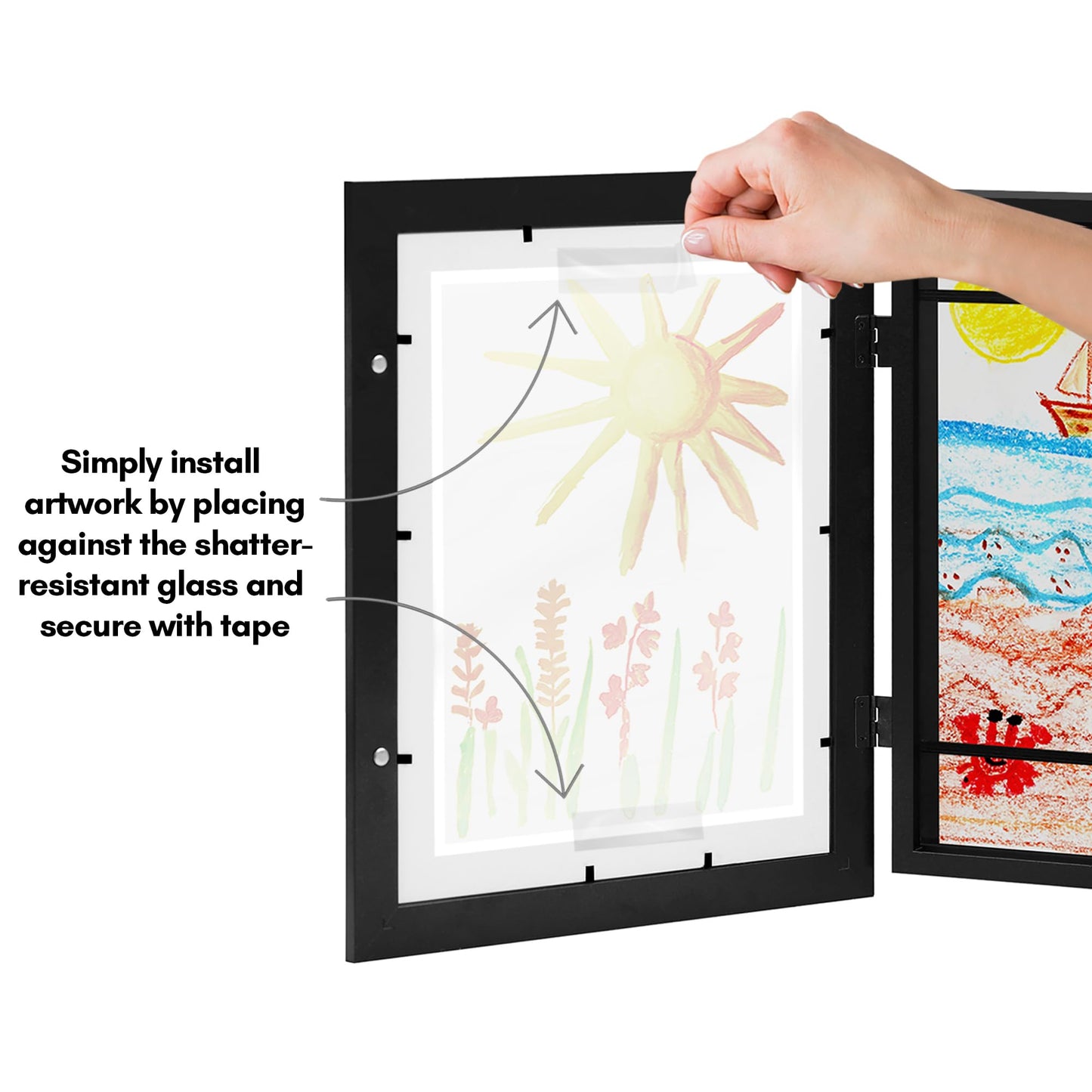 Americanflat - 2 Pack - Kids Artwork Frame Changeable (Black) - Magnetic Door Holds 100 Art Pieces - 8.5x11 Letter Size Display with Mat or 10x12.5 Without Mat - My Mini Masterpiece