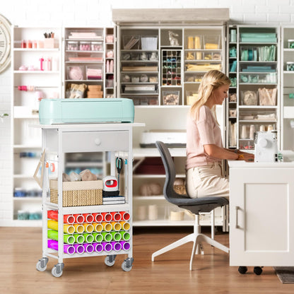 Snughome Craft Cart Compatible with Cricut Maker, Craft Organizers and Storage Table for Cricut Cart with Wheels, Drawer and 28 Vinyl Roll Holders, White, 23.6"(L) x 9.5"(D) x 31.7"(H)