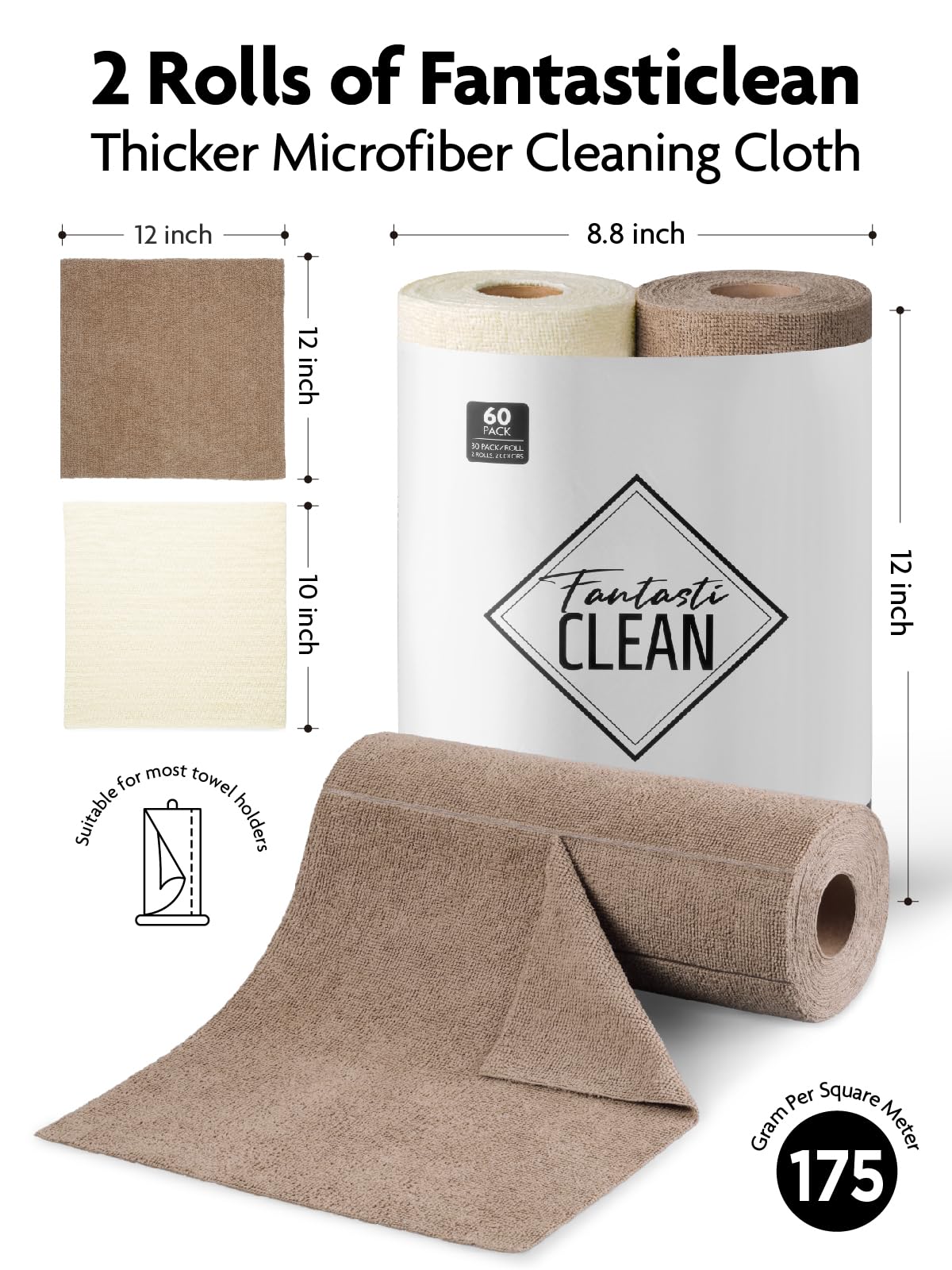 Fantasticlean Microfiber Cleaning Cloth Roll -60 Pack, Tear Away Microfiber Towels, 12" x 12", Reusable, Washable, Scratch Free, Ultra Absorbent Dish Rags for Car, Home, Garage or Shop (Beige & Tan)