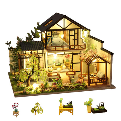 Bzmkpta DIY Miniature House Kit: Courtyard Dollhouse Kit for Adults & Teens, 3D Wooden Puzzle Booknook Bookshelf Insert Decor with LED Light, Tiny Model House Building Craft Miniature Kits, Ideal Gift