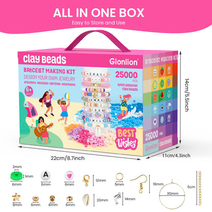 Gionlion 25000 Pcs Clay Beads Bracelet Making Kit Abundant Single Color Heishi Beads, 7 Boxes Polymer Beads for Bracelets Jewelry Making kit with Charms, DIY Arts and Crafts Gifts