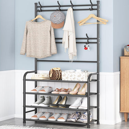 8 Closet 4 Shoe Rack Shoe Storage Shelf Freestanding with Hooks for Entryway Bedroom Tier, Black
