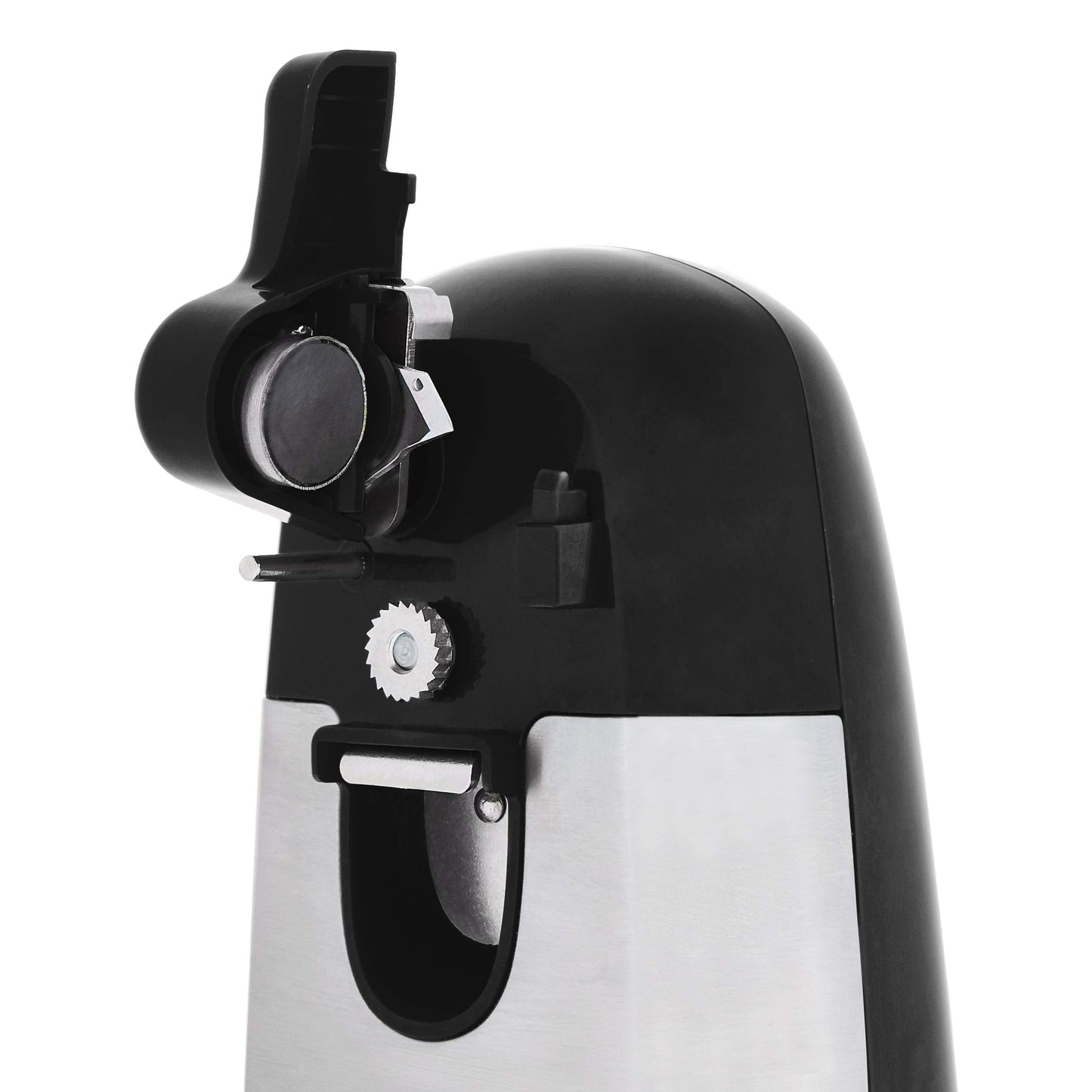 Amazon Basics 3-In-1 Electric Can Opener, Bottle Opener and Knife Sharpener, with Stainless Steel Blade, Magnetic Lid Holder, Automatic, Countertop, 50W, Black