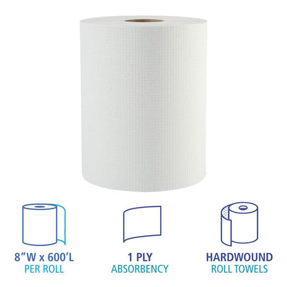 Boardwalk 6261 Hardwound Paper Towels, 1-Ply, 8" x 600ft, White, 2" Core (Case of 12 Rolls)