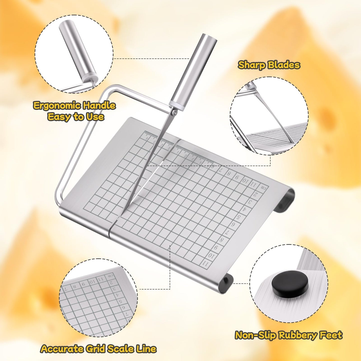 Pershook Cheese Slicer, with Measuring Grids Board & 6 Piece Cheese Knives, Stainless Steel Cheese Cutter with Blade, for Block Cheese, Butter and Sausages, Dishwasher Safe