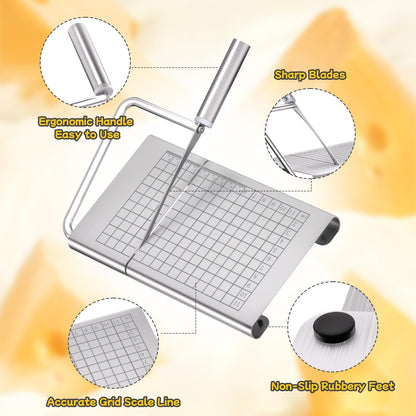 Pershook Cheese Slicer, with Measuring Grids Board & 6 Piece Cheese Knives, Stainless Steel Cheese Cutter with Blade, for Block Cheese, Butter and Sausages, Dishwasher Safe