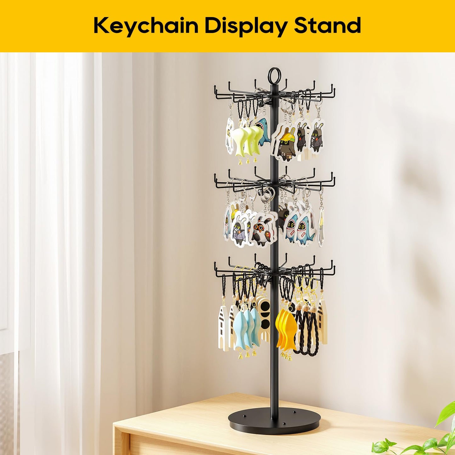 ORLESS 3 Tier Rotating Jewelry Display Stand, Keychain Display Stand with 36 Hooks, Black Metal Retail Display Spinning Holder for Vendor, Spinning Display Rack for Necklace Bracelet Earring Organizer