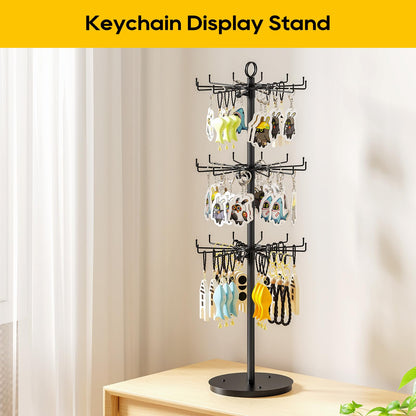 ORLESS 3 Tier Rotating Jewelry Display Stand, Keychain Display Stand with 36 Hooks, Black Metal Retail Display Spinning Holder for Vendor, Spinning Display Rack for Necklace Bracelet Earring Organizer