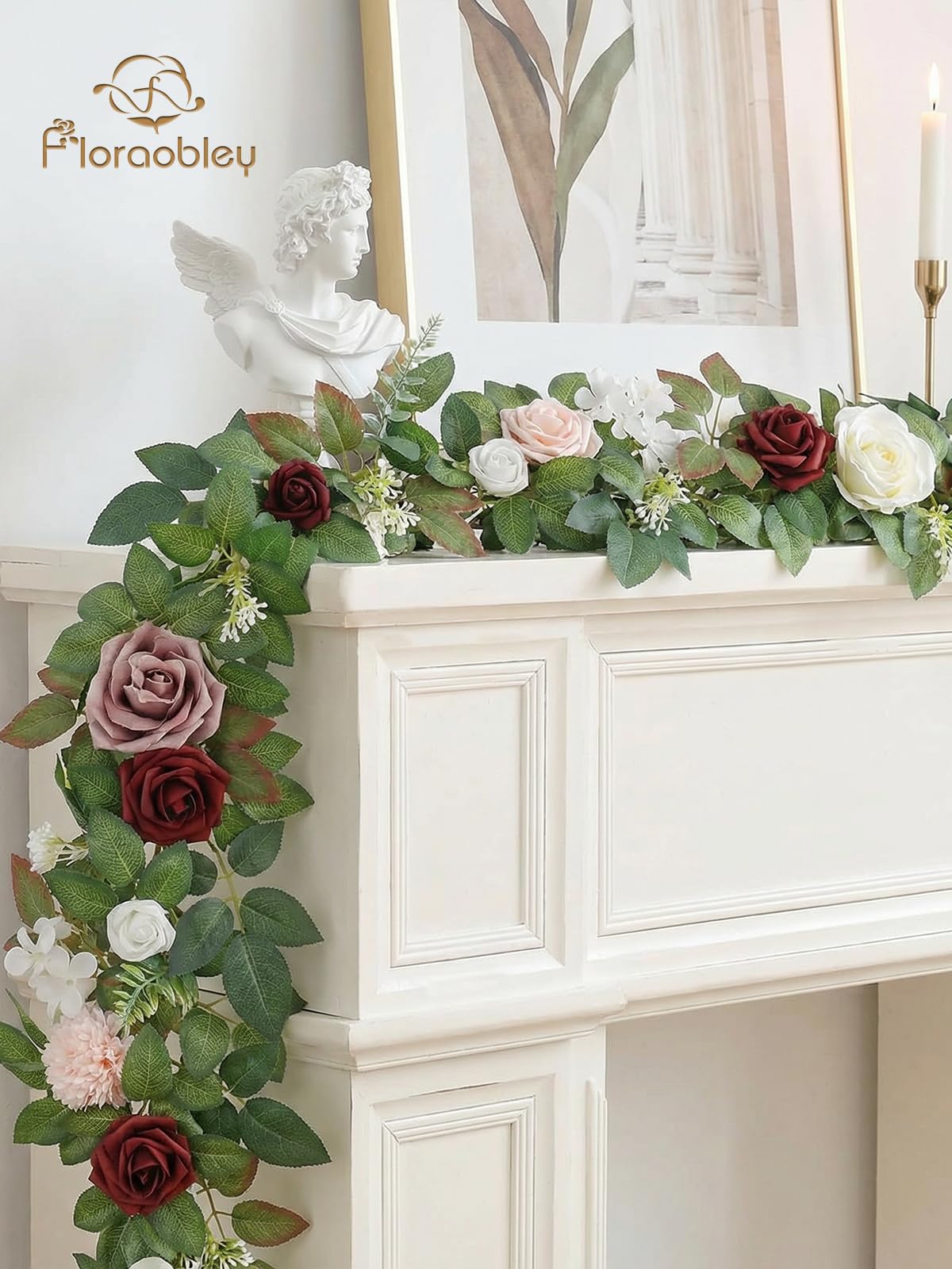 Floraobley 5.5FT Artificial Flower Garland Burgundy Rose & Greenery for Wedding Arch Backdrop Table Centerpiece Mantel Decor, with 3D Butterflies & Decorative Accessories
