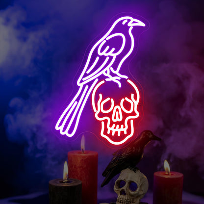 Raven Skull Neon Sign, LED Neon Sign Wall Decor Gothic Raven Light for Bedroom Studio Game Room, Animal Skeleton Bird Art Wall Display 15.7” × 11.4”