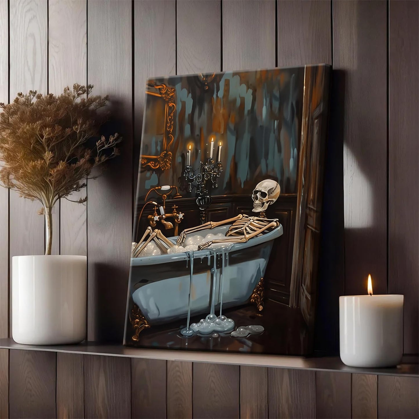 Framed Funny Halloween Skeleton Bathroom Wall Art, Soaking My Bones Pictures Wall Decor, Moody Gothic Dark Academia Paintings Canvas Prints Spooky Home Decor for Living Room Bedroom Dorm 12x16 inch