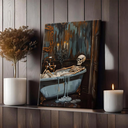 Framed Funny Halloween Skeleton Bathroom Wall Art, Soaking My Bones Pictures Wall Decor, Moody Gothic Dark Academia Paintings Canvas Prints Spooky Home Decor for Living Room Bedroom Dorm 12x16 inch