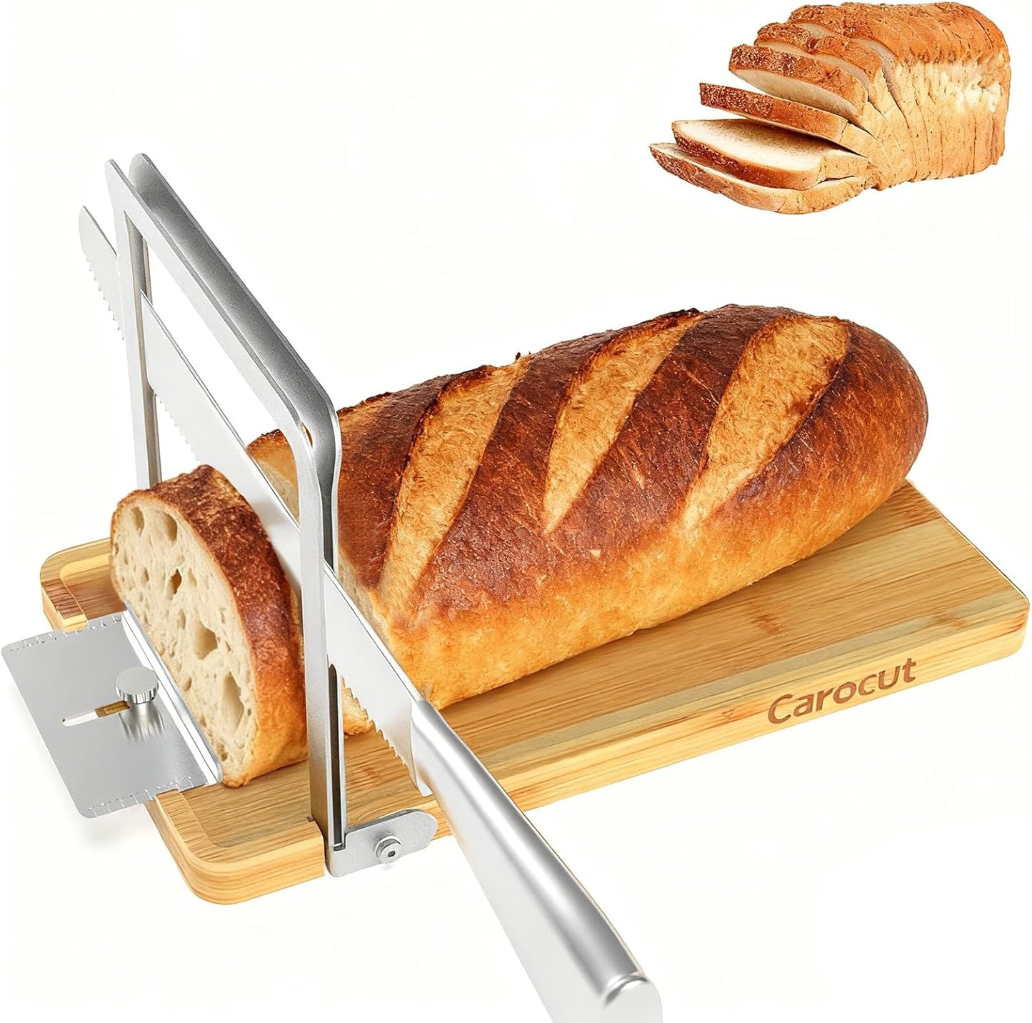 CAROCUT 6.3, Adjustable Bread Slicer, Foldable Wood & Stainless Steel Guide for Homemade Sourdough, Sandwich & Artisan