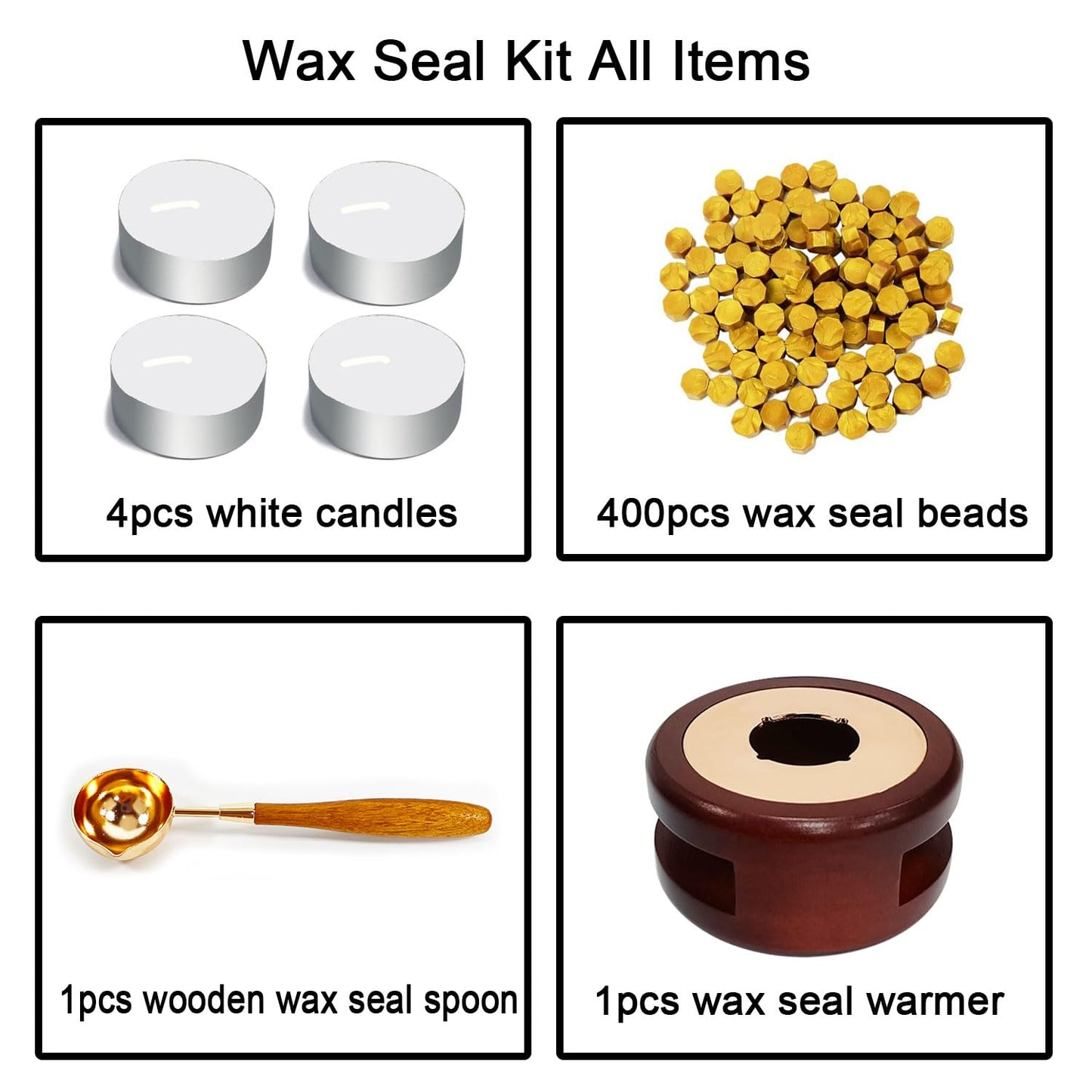 Wax Seal Beads Kit, Ioggtser Sealing Beads Set with 400PCS Gold Wax Seal Beads, Melting Warmer, Melting Spoon,4 PCS Candles, for Wedding Envelope