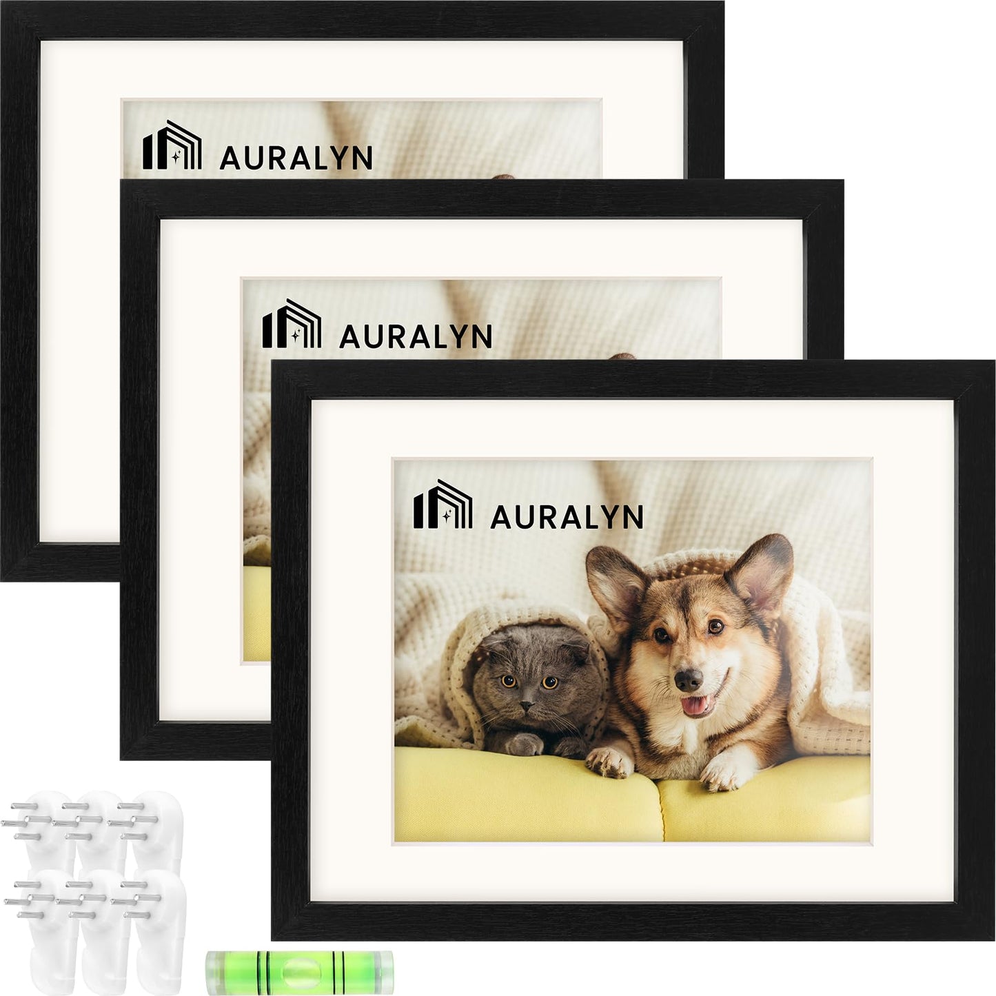 AURALYN Wall Frames 11x14 Picture Frame Set of 3 – Fits 8x10 with Mat or 11x14 Without Mat – Wood Grain, Easy to Hang, Finger-Friendly, Includes Hanging Kit (Black Frames, 3 Pack)