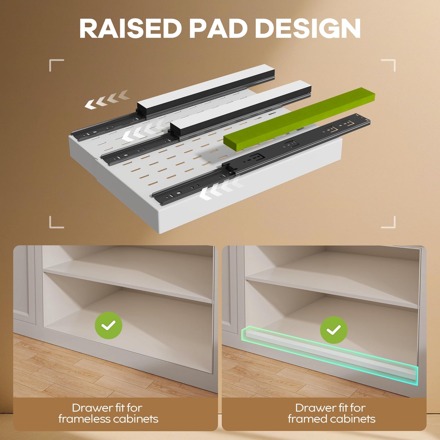 Seinloes 2 Pack Pull out Cabinet Organizer 21" Deep With Raising Pad for Framed Cabinets, Expandable Slide out Drawers for Kitchen Cabinets with 4pcs Divider Racks, Roll out Shelves 9"-14" W White