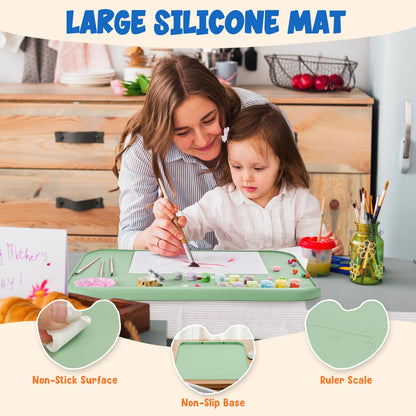Silicone Art Mat for Crafts, 19.7" x 15.7" Painting Mat for Kids with Raised Sides, Non-Slip Surface for Resin, Clay, Play Doh, Jewelry Making DIY Arts & Crafts Creation (Green)