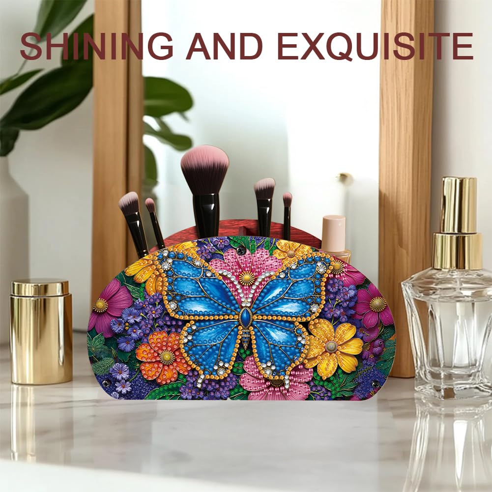 POETRYDRAW DIY Butterfly Diamond Art Painting Wooden Storage Box – Multi-Grid Moon Fan Makeup Brush Organizer, Double-Sided Drill Tabletop Holder for Women, Office & Home Decoration